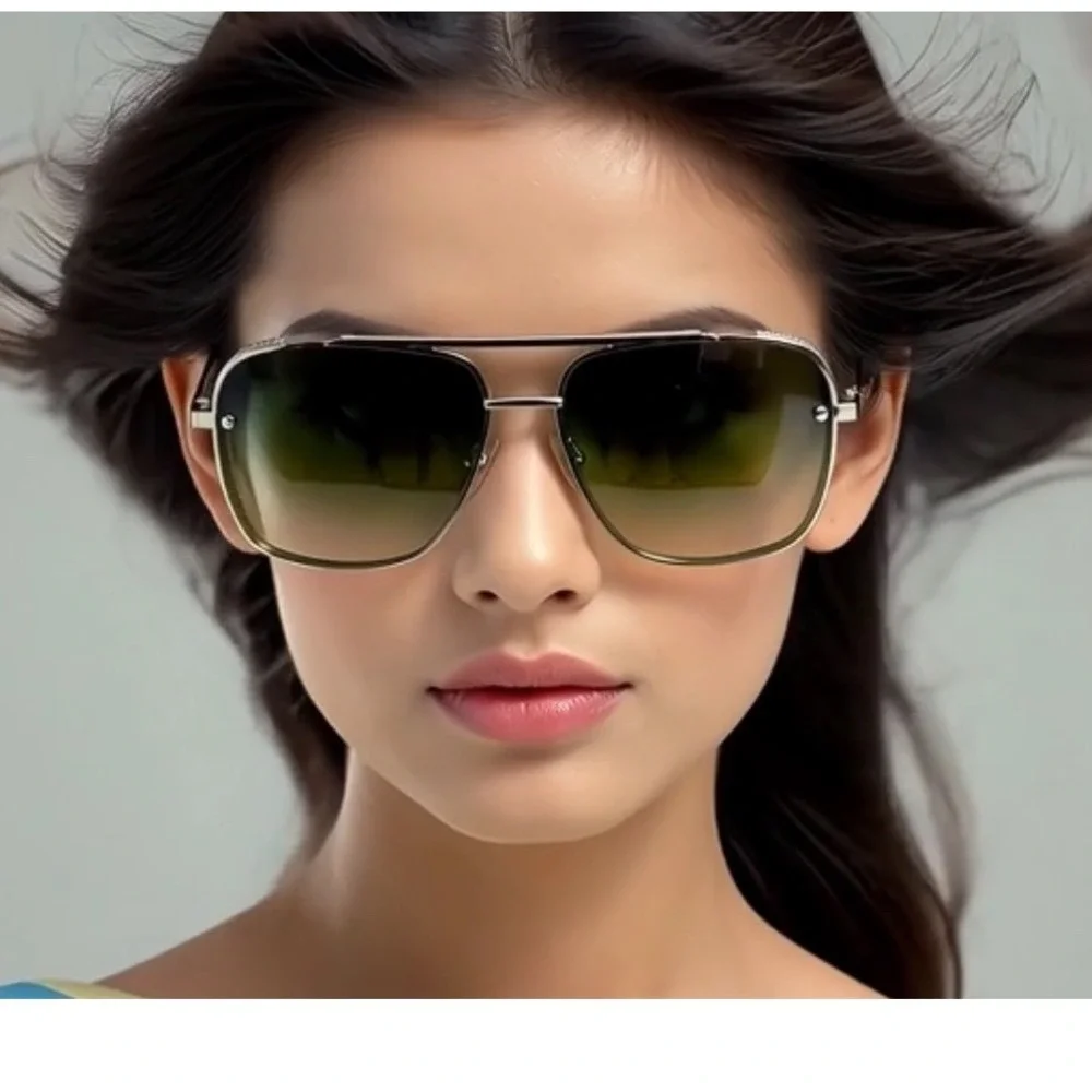 Women Sunglasses Silver Frame Gradient Green Lens Metal Unique Outdoor Outfits - Picture 5 of 7